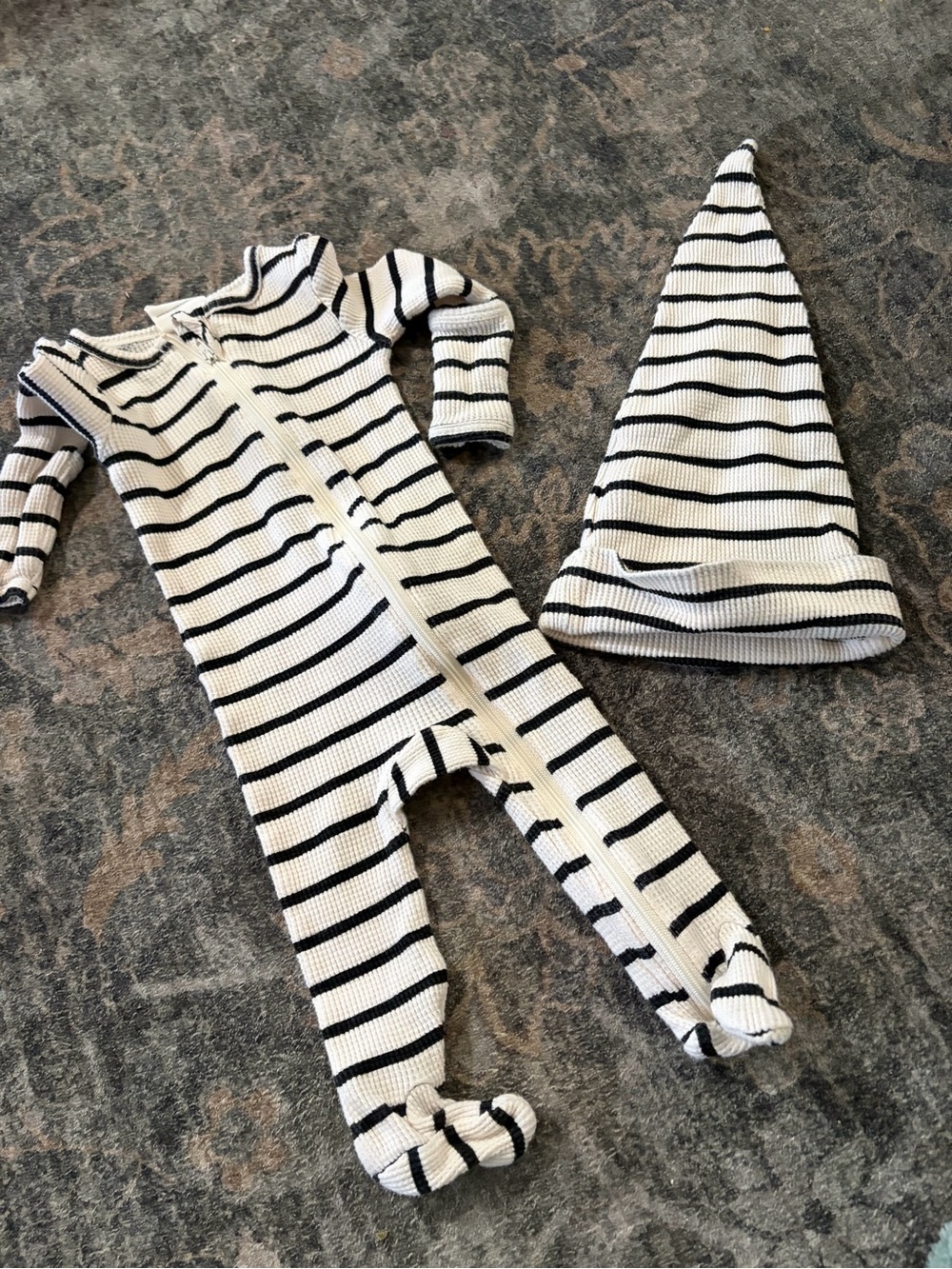 Striped Black & White Knit Footed One-Piece with Matching Hat